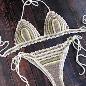 Multicolor Crocheted Bikini Set, Striped High Hip Brazilian Crochet Swimsuit, Knit Bikini Set, Crochet Swimwear, Custom Colors