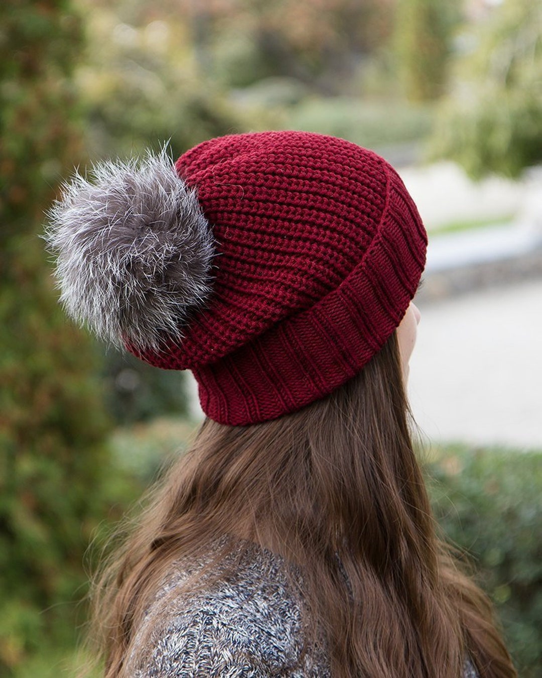 Inverni Burgundy Knit Beanie with Fur Pom Inverni Cashmere & Raccoon Fur Knit Hat in Wine main image 2
