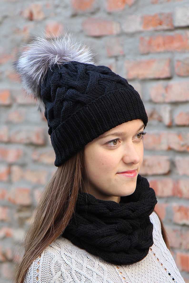 Fur Pom Pom Hat Warm Merino Wool Cable Knit Pompom Hat Black Knitted Winter Hat