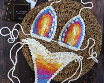 Crochet swimsuit, rainbow crochet bikini with shells brazilian thong crochet beachwear boho crochet swimwear multicolor bikini set