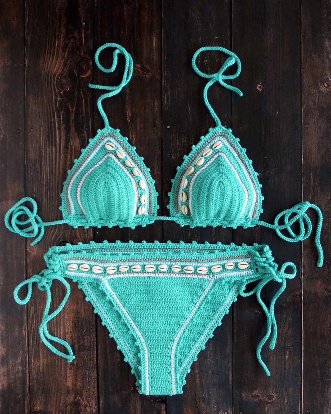 Crochet Bikini Set With Natural Shells Tourquoise Crochet Bathingsuit Teal  Crochet Swimsuit Bikini Seashells