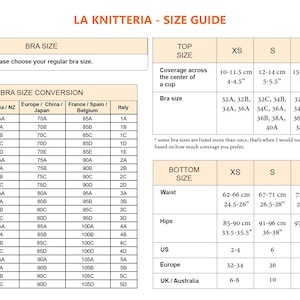 May include: A size chart for women's clothing, showing bra and bottom sizes in US, UK, Australia, New Zealand, Europe, China, Japan, France, Spain, Belgium, and Italy. The chart also includes measurements in centimeters and inches for top and bottom sizes.