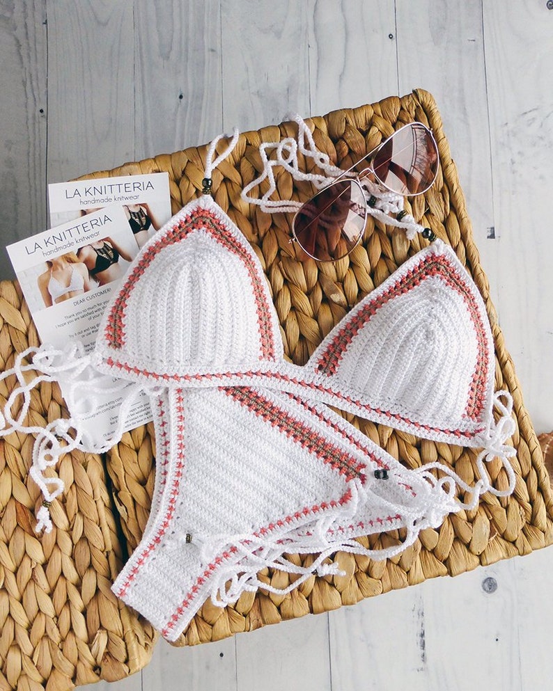 Brésilien Crochet Bikini Blanc Crochet Bikini Ensemble Crochet Maillot de bain Boho Crochet Maillot de bain Avec Perles Femme Crochet Maillots de bain image 1