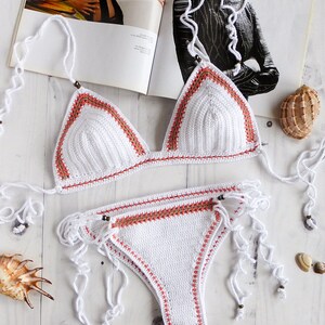 Brésilien Crochet Bikini Blanc Crochet Bikini Ensemble Crochet Maillot de bain Boho Crochet Maillot de bain Avec Perles Femme Crochet Maillots de bain image 4