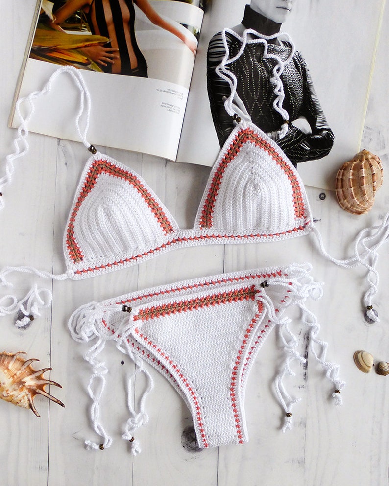 Brésilien Crochet Bikini Blanc Crochet Bikini Ensemble Crochet Maillot de bain Boho Crochet Maillot de bain Avec Perles Femme Crochet Maillots de bain image 4