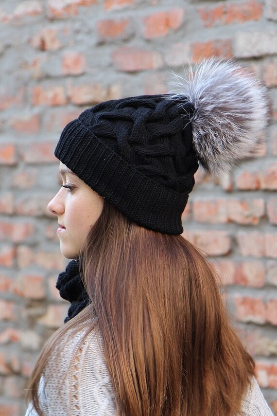 Silver fur pom pom beanie - Real fur pompom hat