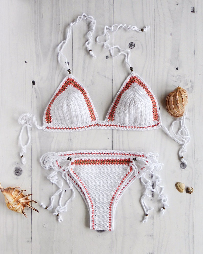 Brésilien Crochet Bikini Blanc Crochet Bikini Ensemble Crochet Maillot de bain Boho Crochet Maillot de bain Avec Perles Femme Crochet Maillots de bain image 5