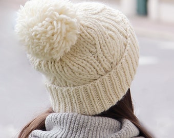 Chunky Hat, Cable Knit Pompom Beanie, Womens Hat, Winter Hat  display picture 3