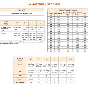 May include: A size guide chart titled LA KNITTERIA - SIZE GUIDE with tables for bra sizes, top sizes, and bottom sizes. The chart includes conversion data for US, UK, Australia, NZ, Europe, China, Japan, France, Spain, Belgium, and Italy in inches.