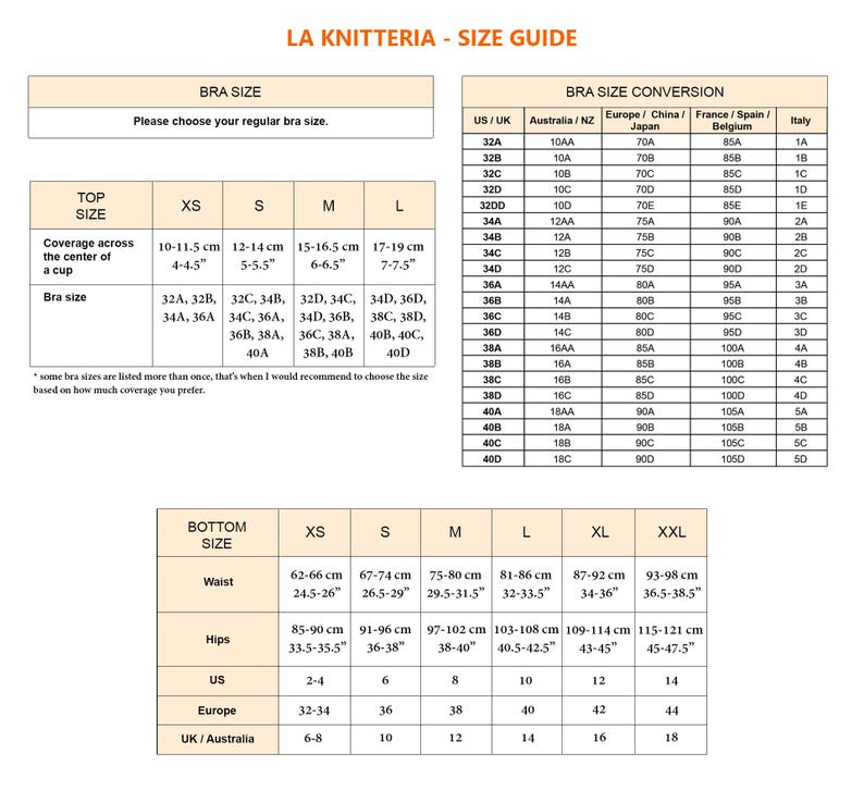 May include: A size guide chart titled LA KNITTERIA - SIZE GUIDE with tables for bra sizes, top sizes, and bottom sizes. The chart includes conversion data for US, UK, Australia, NZ, Europe, China, Japan, France, Spain, Belgium, and Italy in inches.
