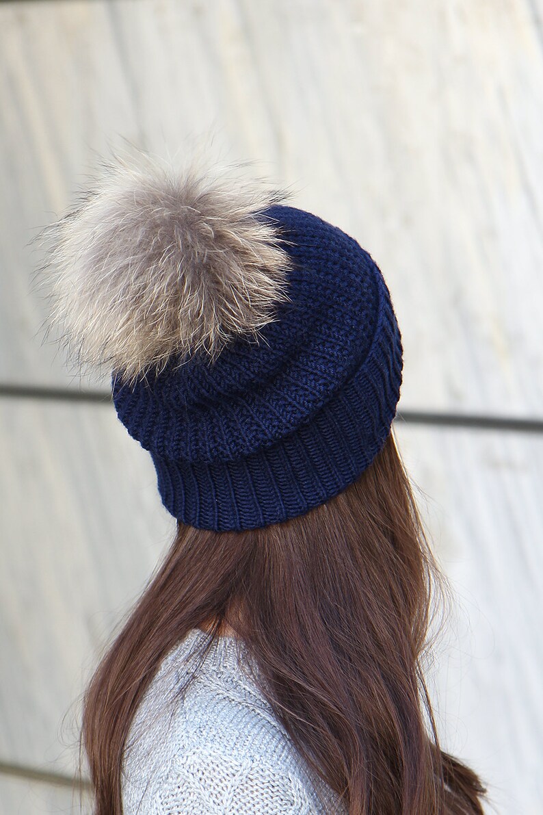 Navy Blue Womens Hat Winter Beanie With Pom Pom Real Fur Pom Etsy