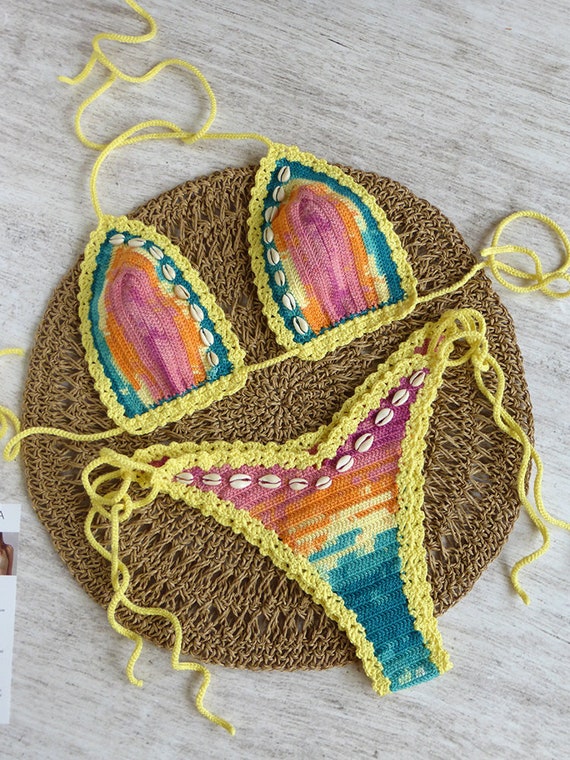 Tie Dye Crochet Bikini With Seashells, Cheeky Brazilian Multicolor Crochet  Swimsuit, High Leg Crochet Swim Suit, Skinny Triangle Bikini 