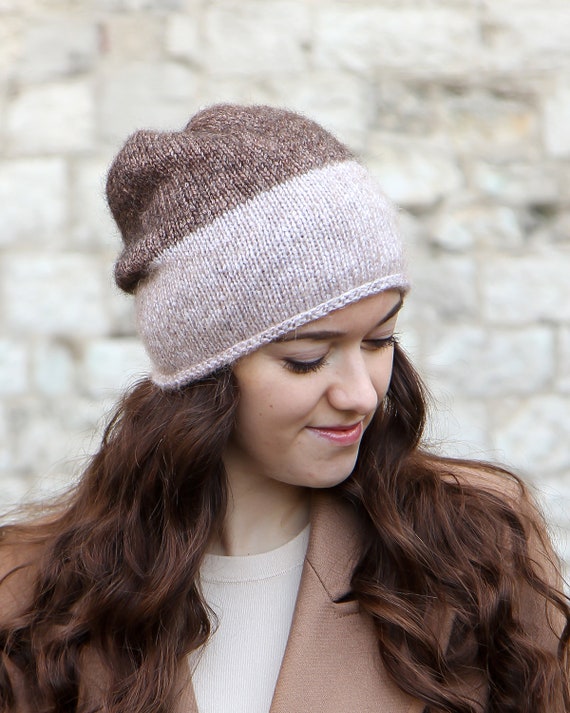 Color Block Beanie, Two Tone Slouchy Beanie Hat Womens, Soft Wool