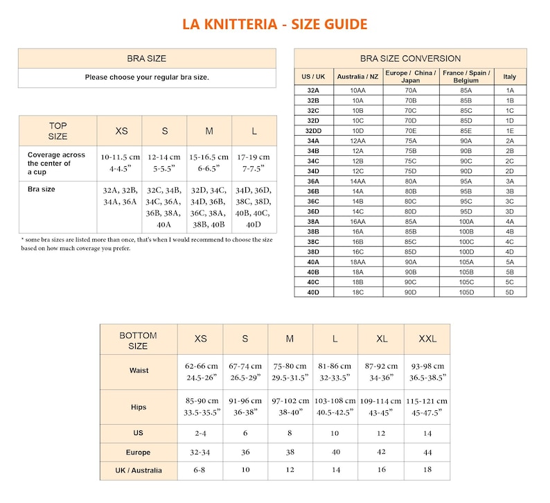 Puede incluir: Una tabla de gu&iacute;a de tallas titulada LA KNITTERIA - SIZE GUIDE con tablas para tallas de sujetador, partes superiores y partes inferiores. La tabla incluye datos de conversi&oacute;n para EE. UU., Reino Unido, Australia, Europa, China, Jap&oacute;n y otros pa&iacute;ses en cm.