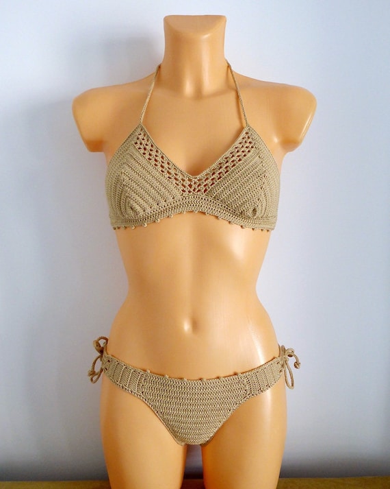 Crochet Bikini, Beige Women Swimsuit, Halter Bikini Set, Crochet Swimsuit, Crochet Set Woman