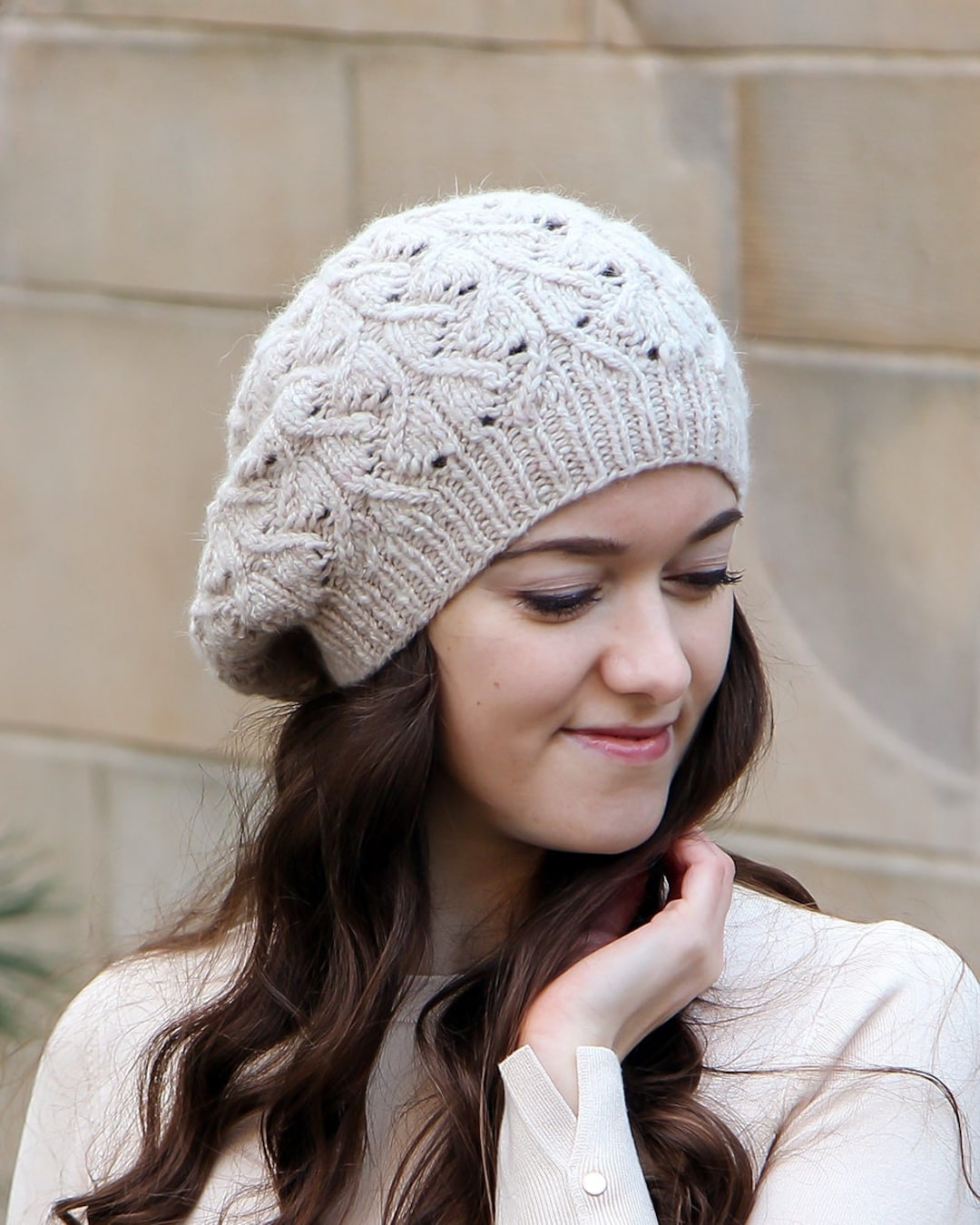 Knitted Beret Hat for Women, Knit Beret, Beige Braided Tam, Warm Angora Merino Wool Beret