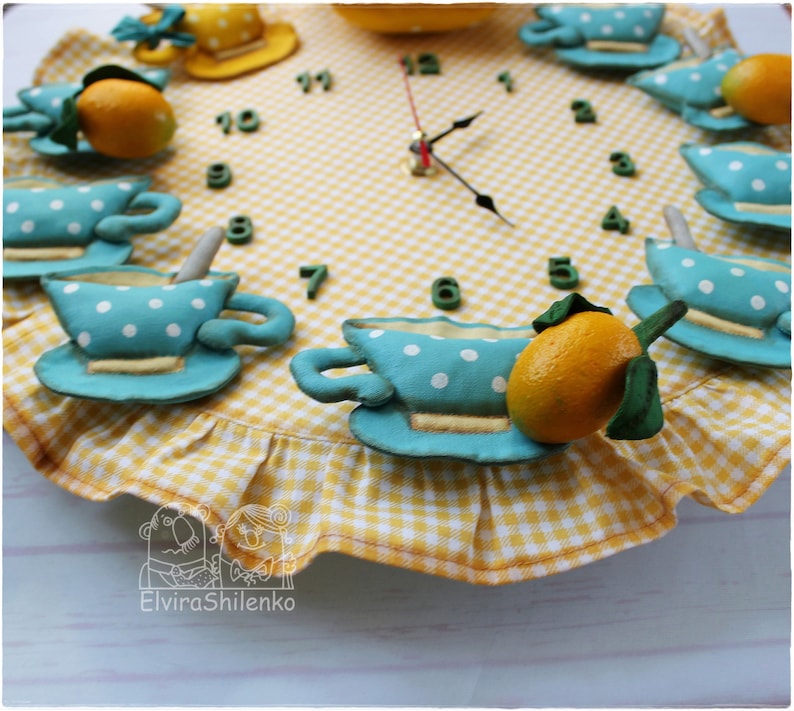 Kitchen Wall Clock Yellow blue Tea Set with lemon 3D Clock Etsy