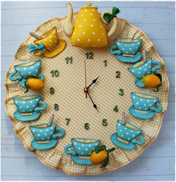 Kitchen Wall Clock Yellow blue Tea Set with lemon 3D Clock Etsy