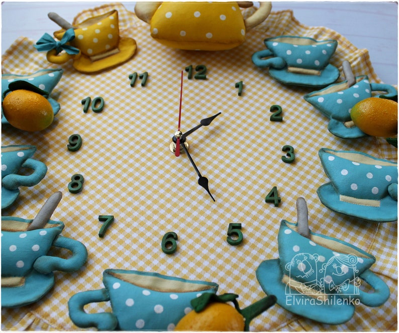 Kitchen Wall Clock Yellow blue Tea Set with lemon 3D Clock Etsy