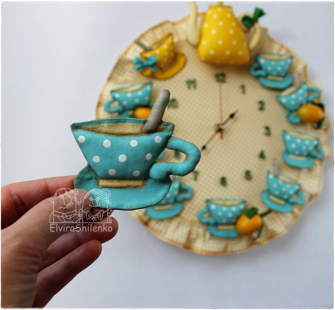 Kitchen Wall Clock Yellow blue Tea Set with lemon 3D Clock Etsy