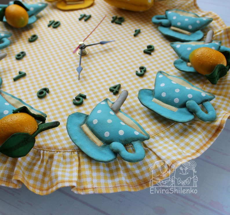 Kitchen Wall Clock Yellow blue Tea Set with lemon 3D Clock Etsy