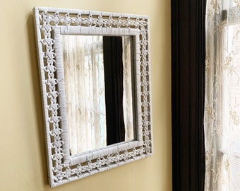 Vintage Mirror White Wicker Mirror Wall Decor Mirror Vintage White Mirror Bathroom Old Mirrors for Wall Mirror Hanging Mirror Cottage Decor