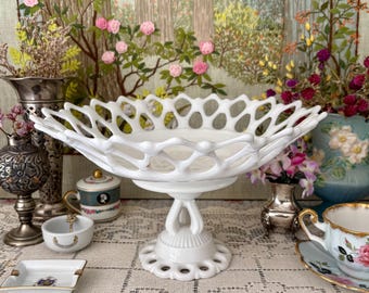 Bol de vidrio opalino, bol central, bol con pedestal, bol para servir, bol blanco, bol con pie, decoración de boda, bombonera de vidrio opalino, soporte de vidrio opalino antiguo