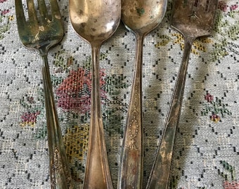4 Serving Utensils Silverplate Spoons Silver Serving Spoons Serving Fork Vintage Silverware Antique Flatware Antique Spoon Vintage Spoon Old