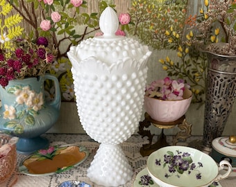 White Milk Glass Bowl with Lid Hobnail Milk Glass Vase Hobnail Bowl Milk Glass Apothecary Jar Milk Glass Candy Dish Vintage Bowl Lidded Bowl