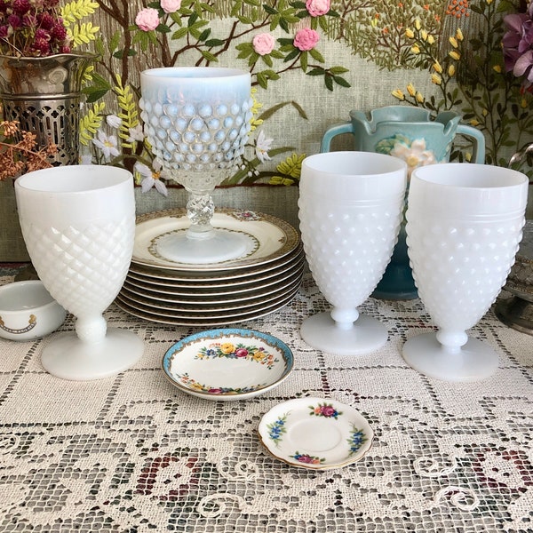 Milk Glass Vase Goblet Hobnail Milk Glass Bowl Hobnail Vase White Vases for Flowers Vase Decor Vase Small Vase Vintage Vase Set Blue Hobnail