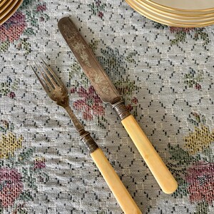 2 Fork and Knife Celluloid Silverware Antique Fork Silverplate Fork Vintage Flatware Knife Etched Flatware Ivory Handle Fork Vintage Knives
