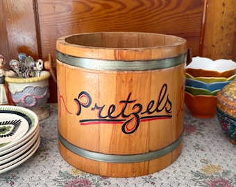 Pretzel Bucket Pretzel Holder Wood Bucket with Handle Vintage Bucket Antique Bucket Planter Vintage Kitchen Decor   Wood Bowl Pretzel Lover