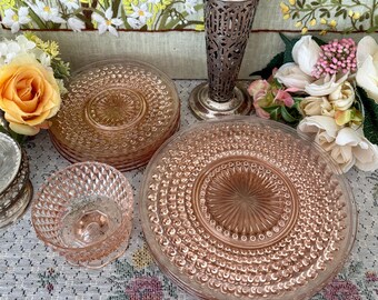 11 Dishes Pink Glass Plates Pink Plates Pink Glass Dishes Pink Decor Hobnail Pink Dishes Bridal Shower Decor Baby Girl Shower Vintage Dishes