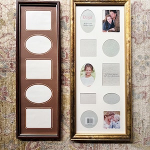 May include: Two rectangular collage photo frames. Frame 1 is dark brown with a brown mat featuring five alternating square and oval openings. Frame 2 is gold with a white mat featuring eight openings, including photos and text reading Regal 8x20in Frame.
