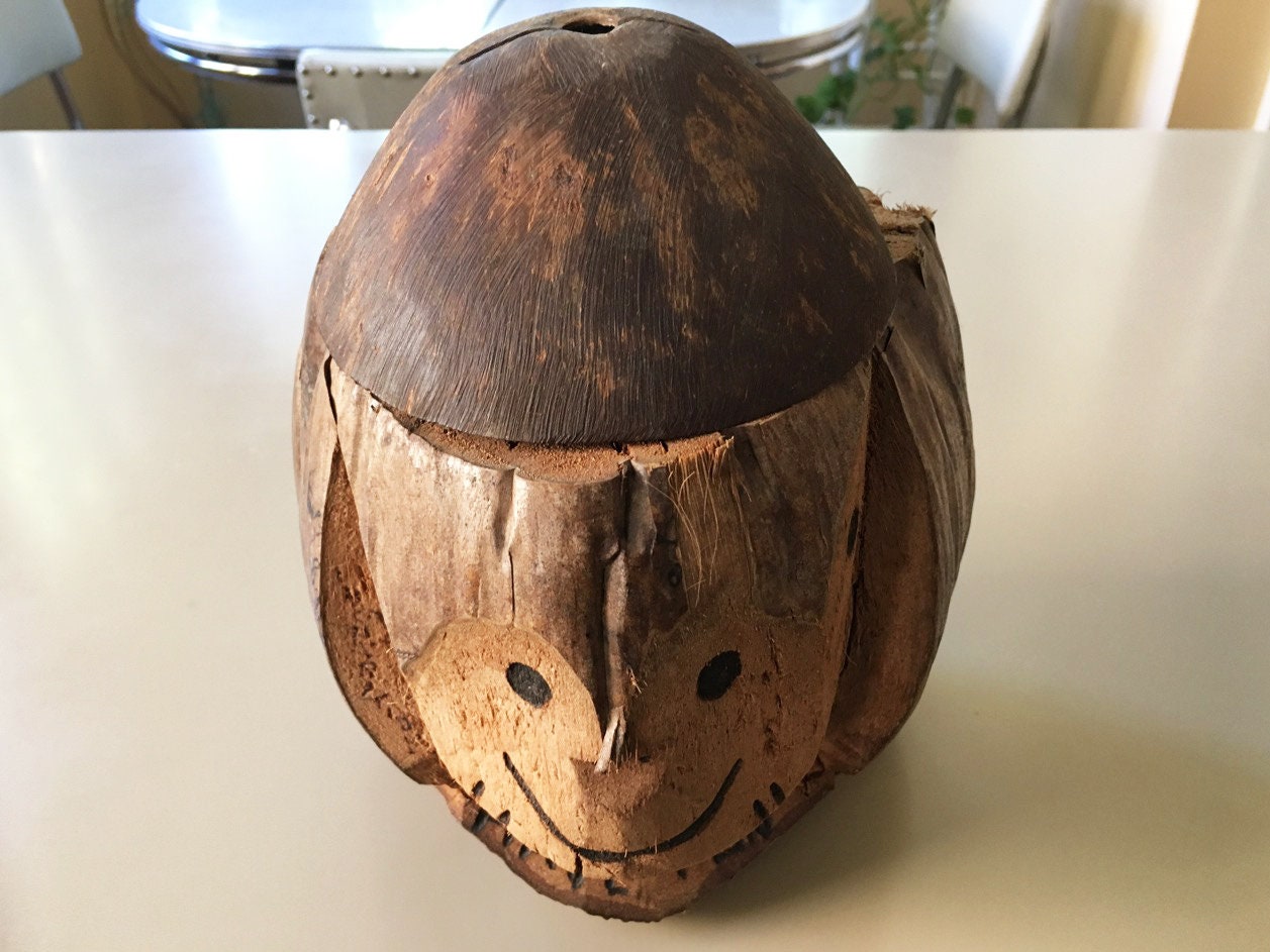 Coconut Monkey Bank Carved Coconut Shell Coconut Bowl Vintage Etsy