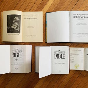 Op de afbeelding: Verschillende open boeken, waaronder een "Good News Bible" en "The Holy Bible", liggen op een houten oppervlak. De boeken hebben witte pagina's en diverse omslagontwerpen. Sommige boeken bevatten tekst, waaronder "Into the Promised Land".