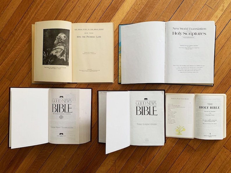 Op de afbeelding: Verschillende open boeken, waaronder een "Good News Bible" en "The Holy Bible", liggen op een houten oppervlak. De boeken hebben witte pagina's en diverse omslagontwerpen. Sommige boeken bevatten tekst, waaronder "Into the Promised Land".
