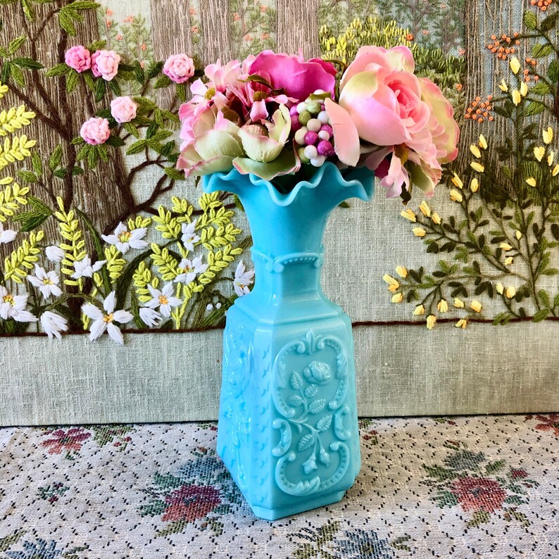 Vintage Vase Blue Milk Glass Vase for Flowers Vase Turquoise Etsy