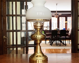 Brass Lamp Antique Lamp Table Lamp Vintage Lamps Antique Lighting Desk Lamps Bedroom Lamp Vintage Light for Table Milk Glass Shade Old Lamps