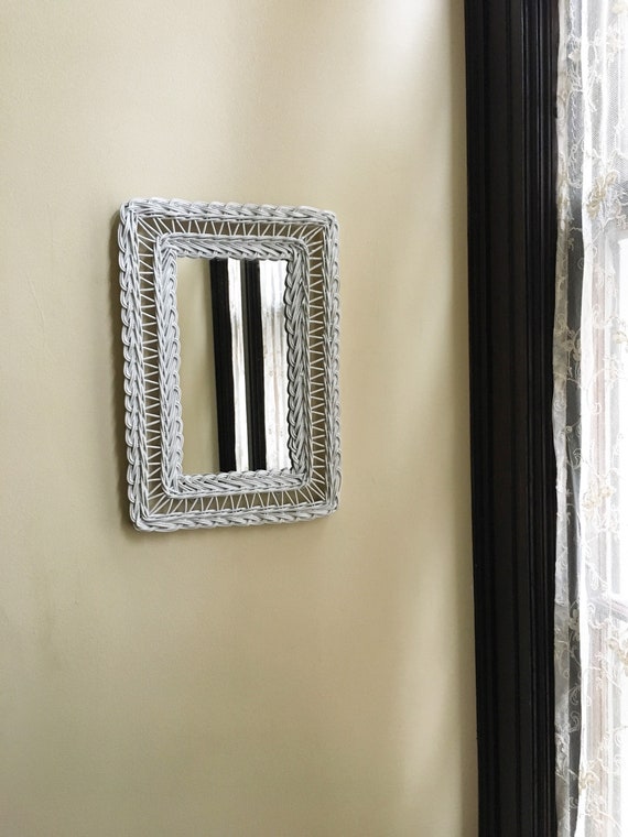 Vintage Mirror Wall White Wicker Hanging Bathroom Old Small For