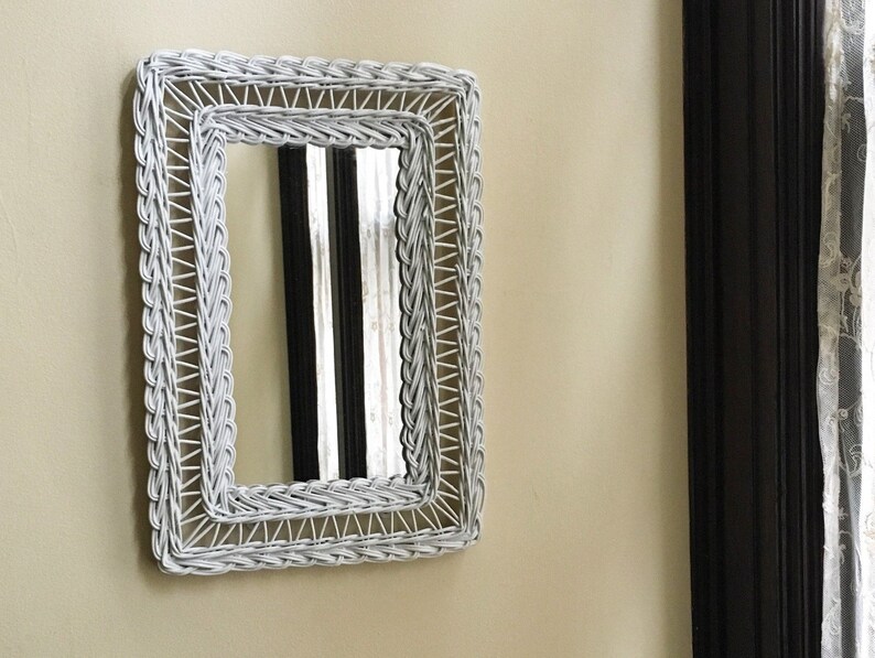 Vintage Mirror Wall White Wicker Hanging Bathroom Old For Antique