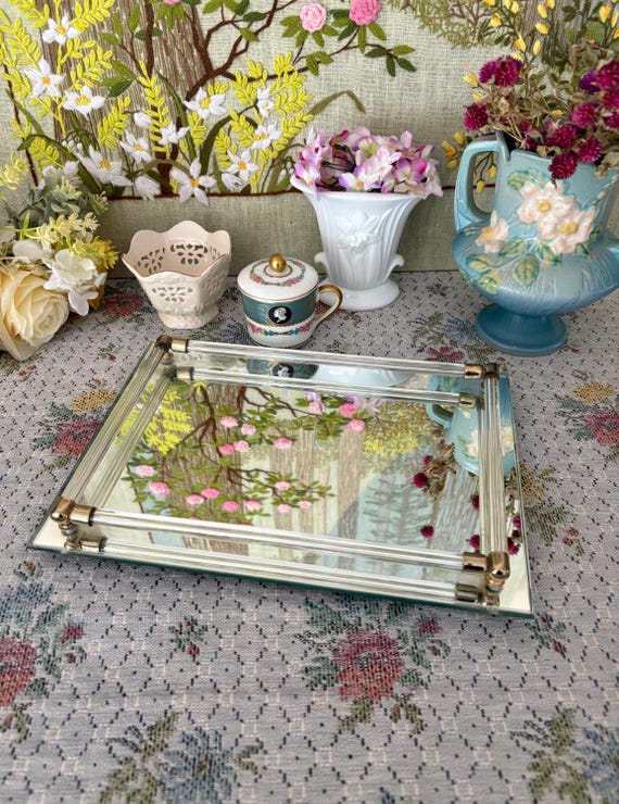 Mirror Tray Mirror Vanity Tray Glass Tray Perfume Tray Rectangular Tray Bar Tray Mid Century Tray Bathroom Tray Art Deco Decor Dresser Tray