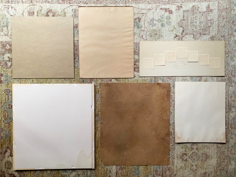 May include: A collection of eight blank, white, rectangular picture frames of various sizes, arranged in a semi-circle on a patterned rug.