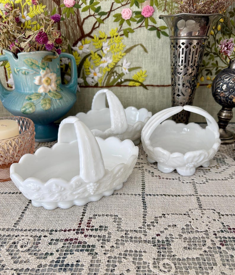 Milk Glass Basket Westmoreland Milk Glass Bowl White Basket Small Basket for Flower Girl Basket Wedding Basket Wedding Decor Baskets White image 7