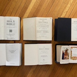 May include: A collection of seven different Holy Bibles, each with a unique cover design. The Bibles are arranged in two rows, with three Bibles in the top row and four Bibles in the bottom row. The Bibles are all closed and have a variety of colours and textures.