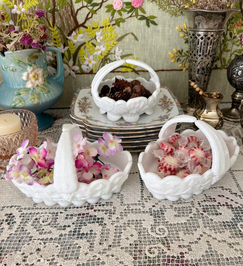Milk Glass Basket Westmoreland Milk Glass Bowl White Basket Small Basket for Flower Girl Basket Wedding Basket Wedding Decor Baskets White image 3