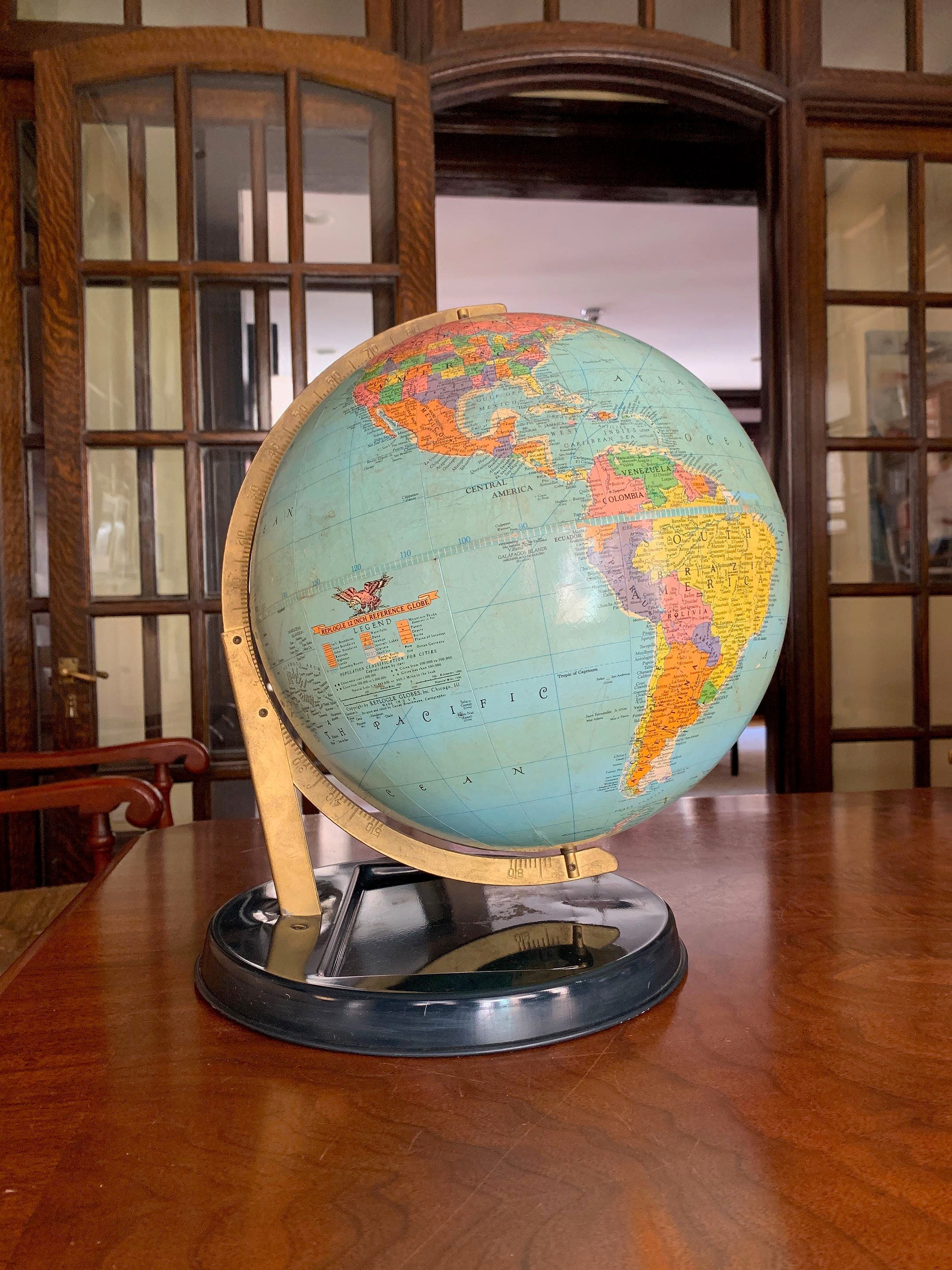 Vintage Brass Antique World Map Table Top Globe With Wooden Stand 