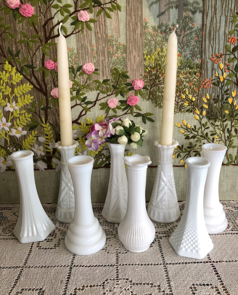 8 Milk Glass Vase Set of Vases for Flowers Vases Milk Glass Bud Vase White Vases Decor Vases Vintage Vases Wedding Vases Centerpiece Vases image 2