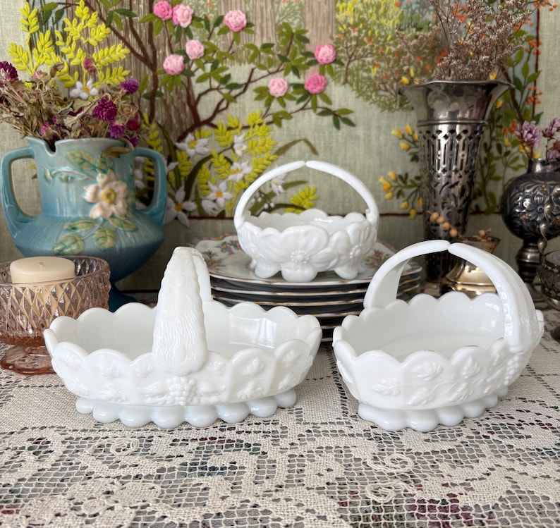 Milk Glass Basket Westmoreland Milk Glass Bowl White Basket Small Basket for Flower Girl Basket Wedding Basket Wedding Decor Baskets White image 2