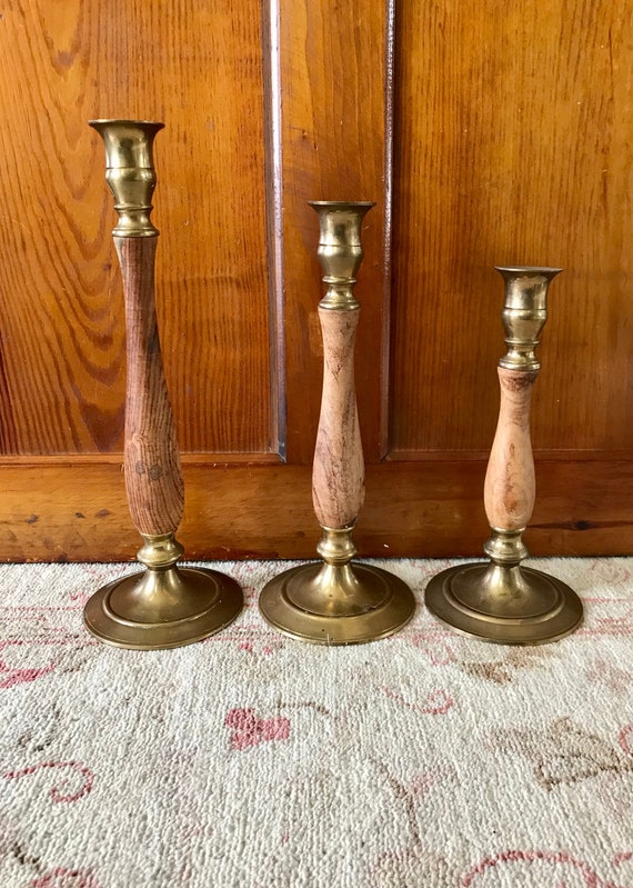 3 Candlesticks Brass Candlesticks Brass Candle Holder Wood Candle Holder  Wood Candlestick Holder Vintage Candle Holder Set of Candlesticks -   Canada